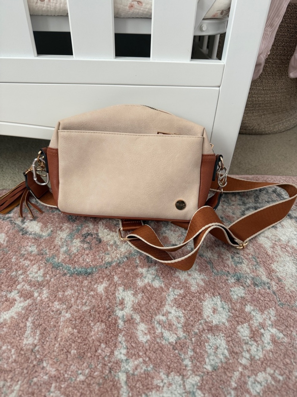 Cream & Tan Crossbody Bag with Tassel Accent